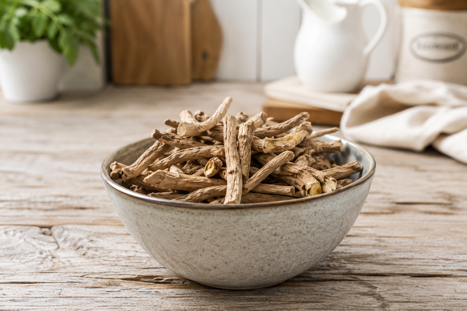 Ashwagandha root powder and dried root, Withania somnifera, adaptogenic herb for stress and vitality