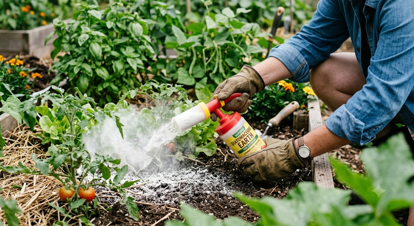 Diatomaceous earth powder being applied in a vegetable garden