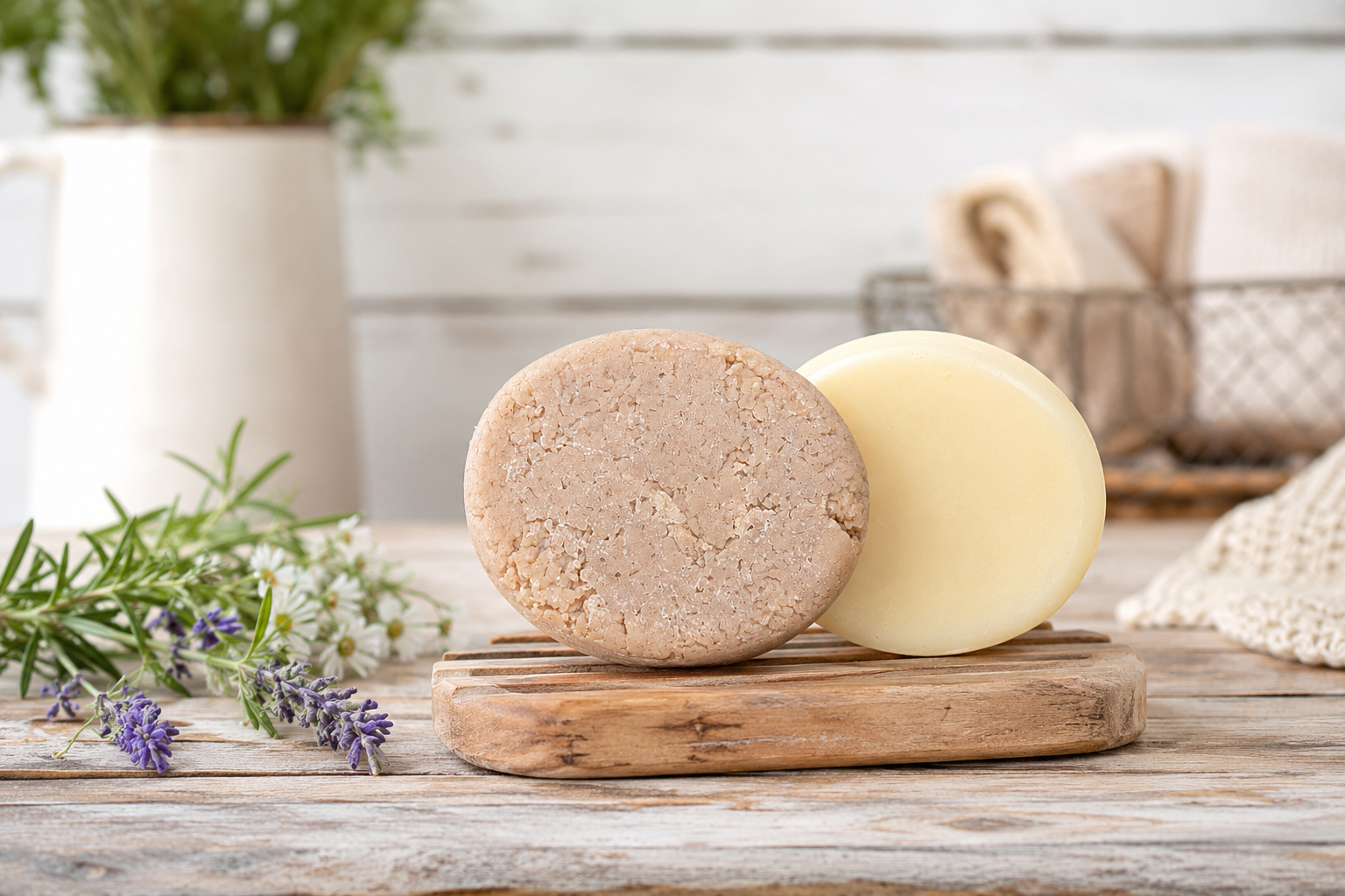 Natural hair care ingredients including tallow, shea butter, and botanical oils on a wooden table